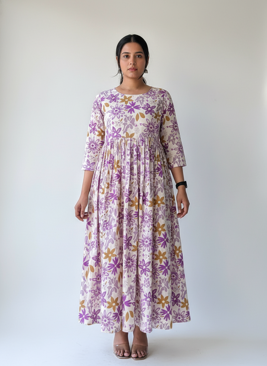 Purple Blossom Pleated Anarkali Dress