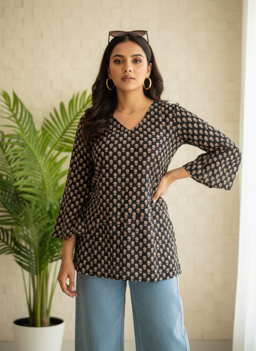 Midnight Blossom  Short Kurti