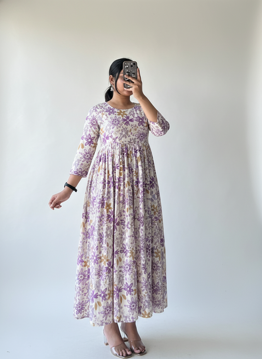 Purple Blossom Pleated Anarkali Dress