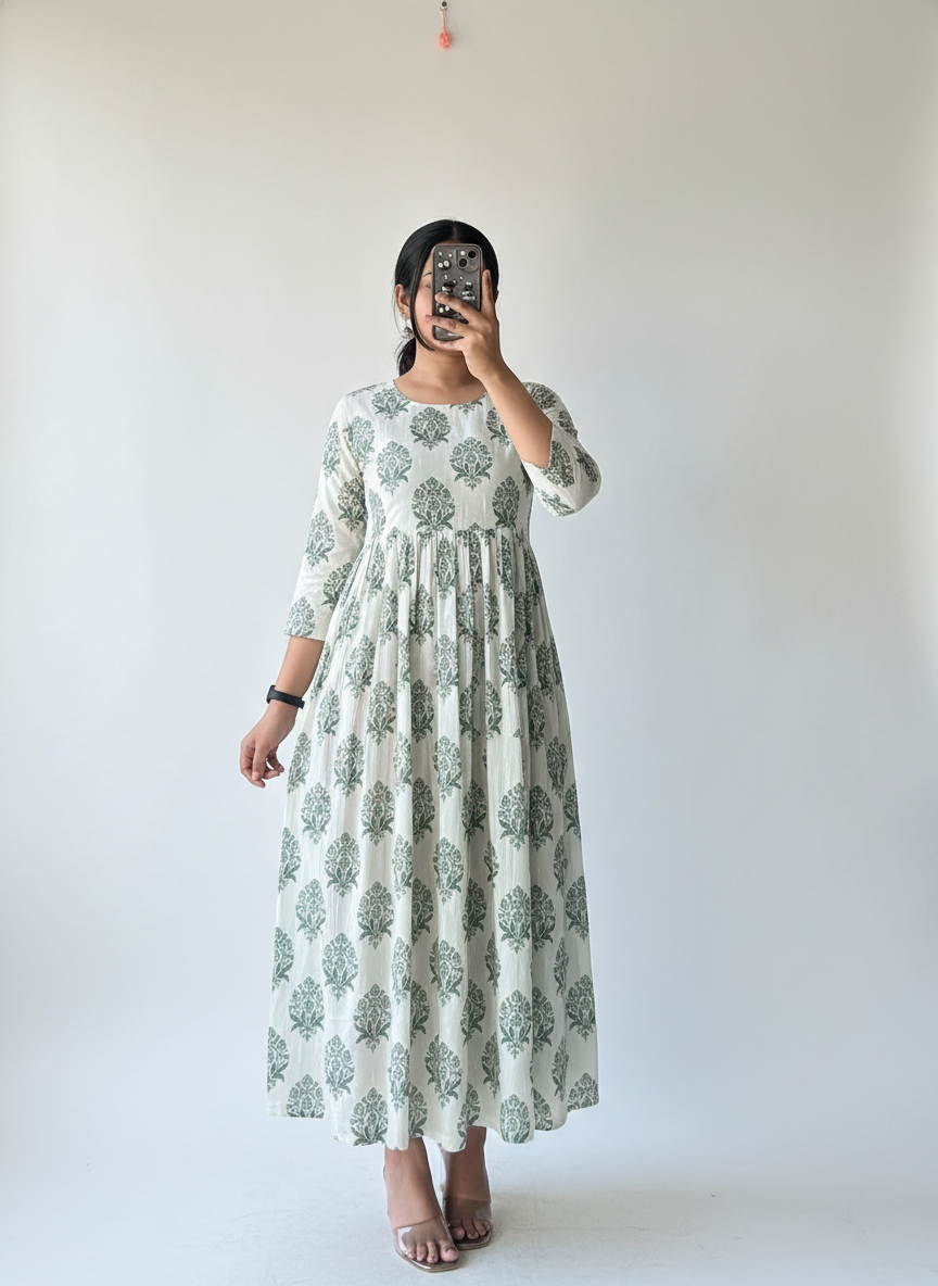 Sage Blossom Pleated Anarkali Dress