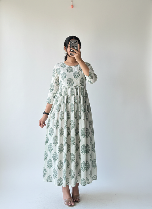 Sage Blossom Pleated Anarkali Dress