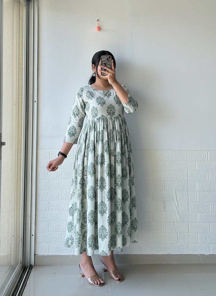 Sage Blossom Pleated Anarkali Dress