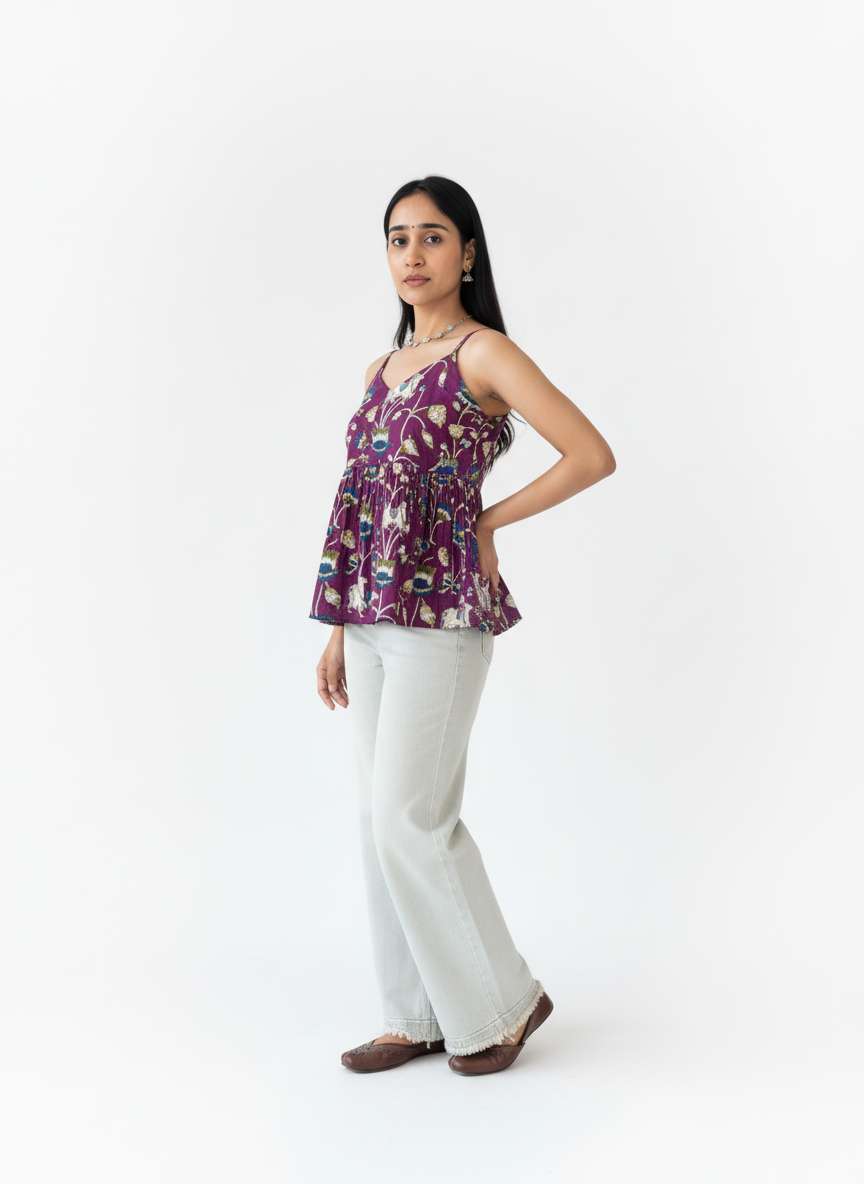 Royal Lotus Printed Strap Peplum Top