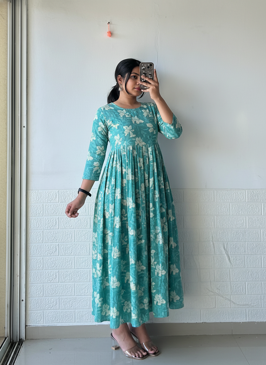 Teal Pleated Anarkali Dress