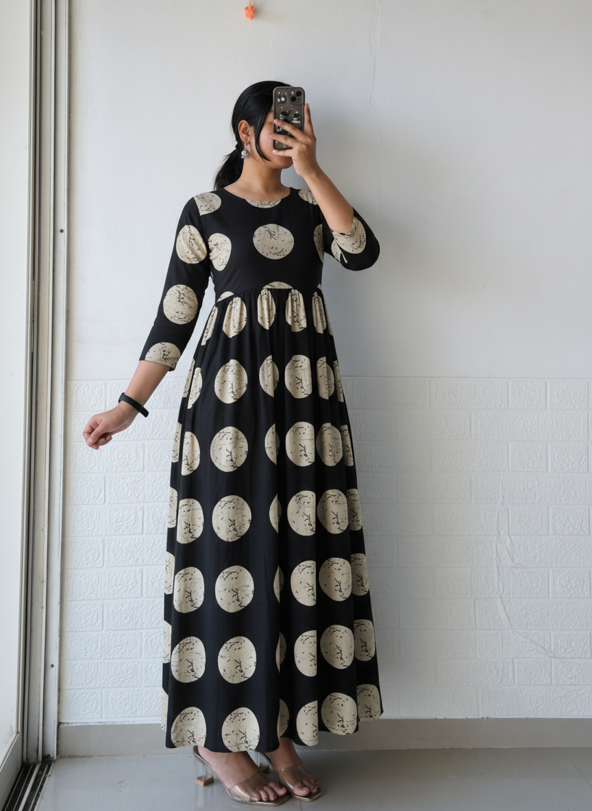 Bagru Ivory Polka Anarkali Dress