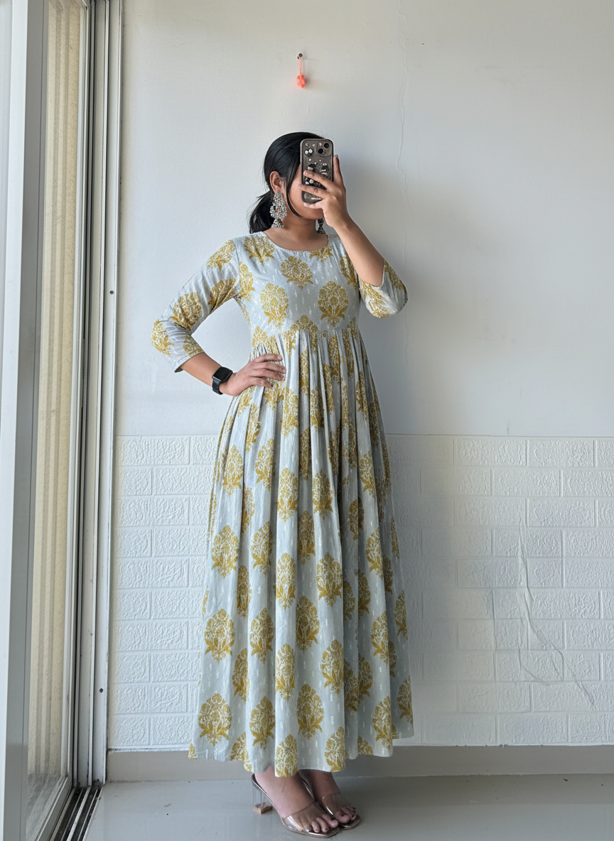Mist Blossom Pleated Anarkali Dress