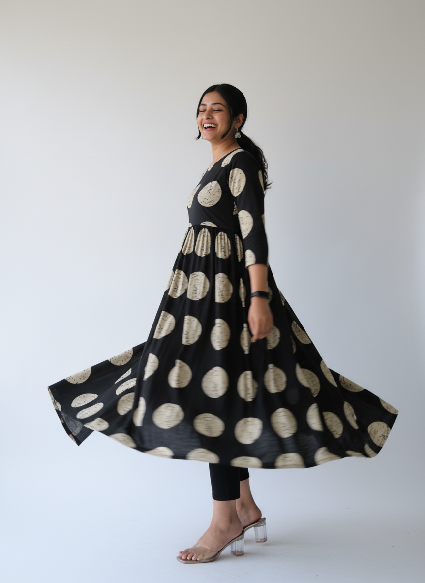 Bagru Ivory Polka Anarkali Dress