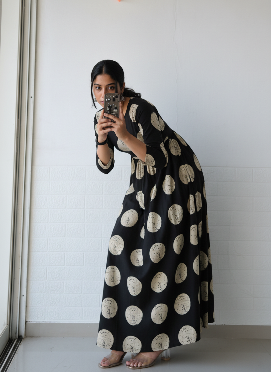 Bagru Ivory Polka Anarkali Dress