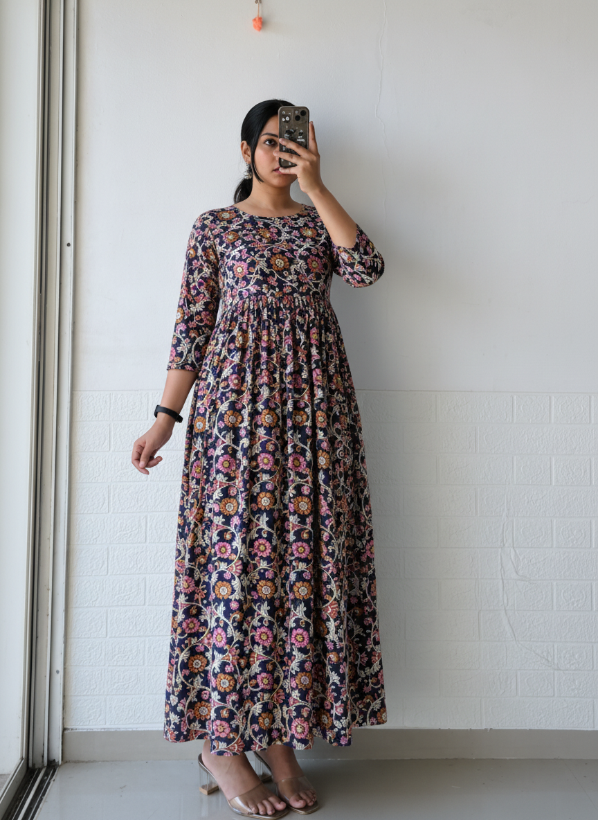 Bagru Floral Jaal Anarkali Dress