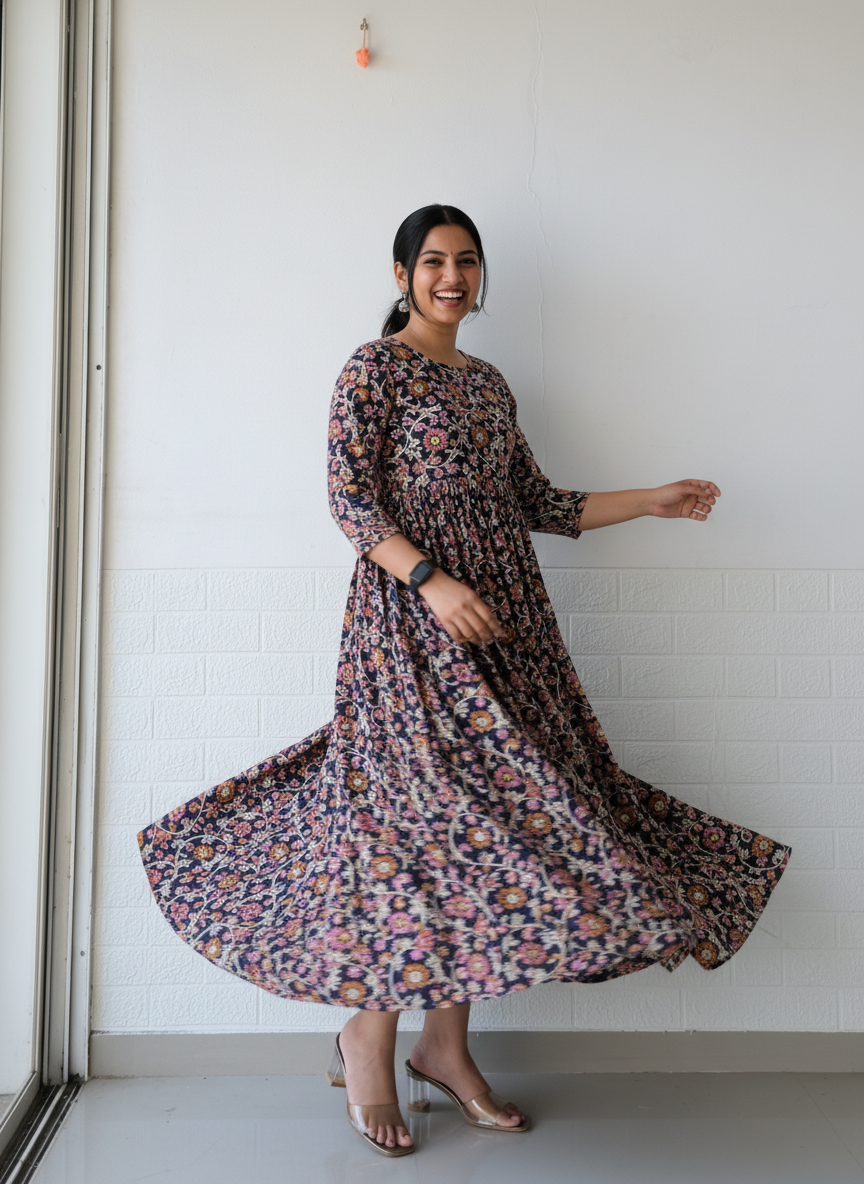 Bagru Floral Jaal Anarkali Dress