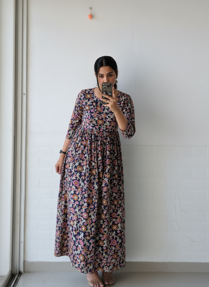 Bagru Floral Jaal Anarkali Dress