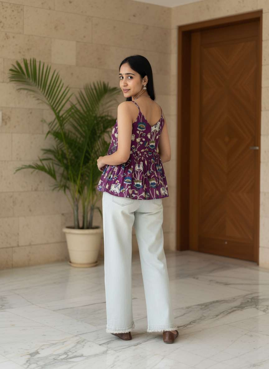 Royal Lotus Printed Strap Peplum Top