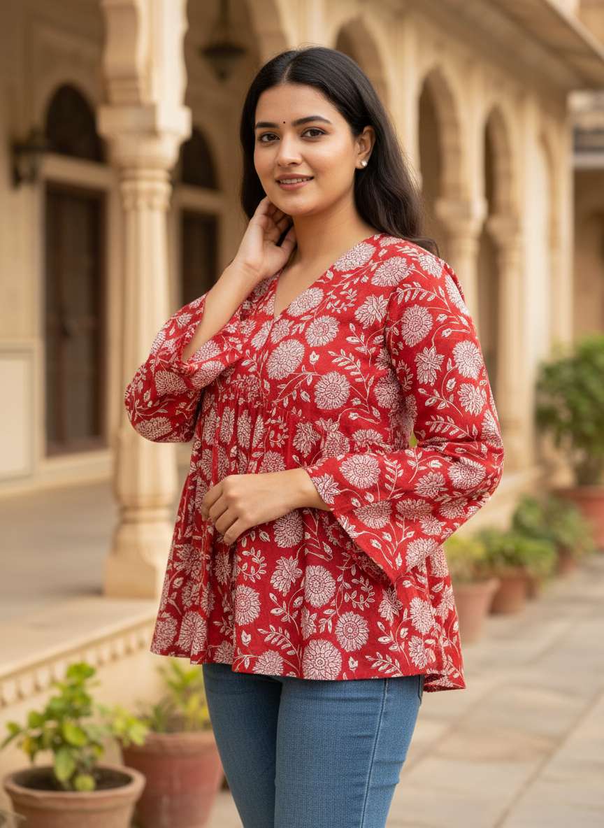 Crimson Floral Grace Peplum Tops