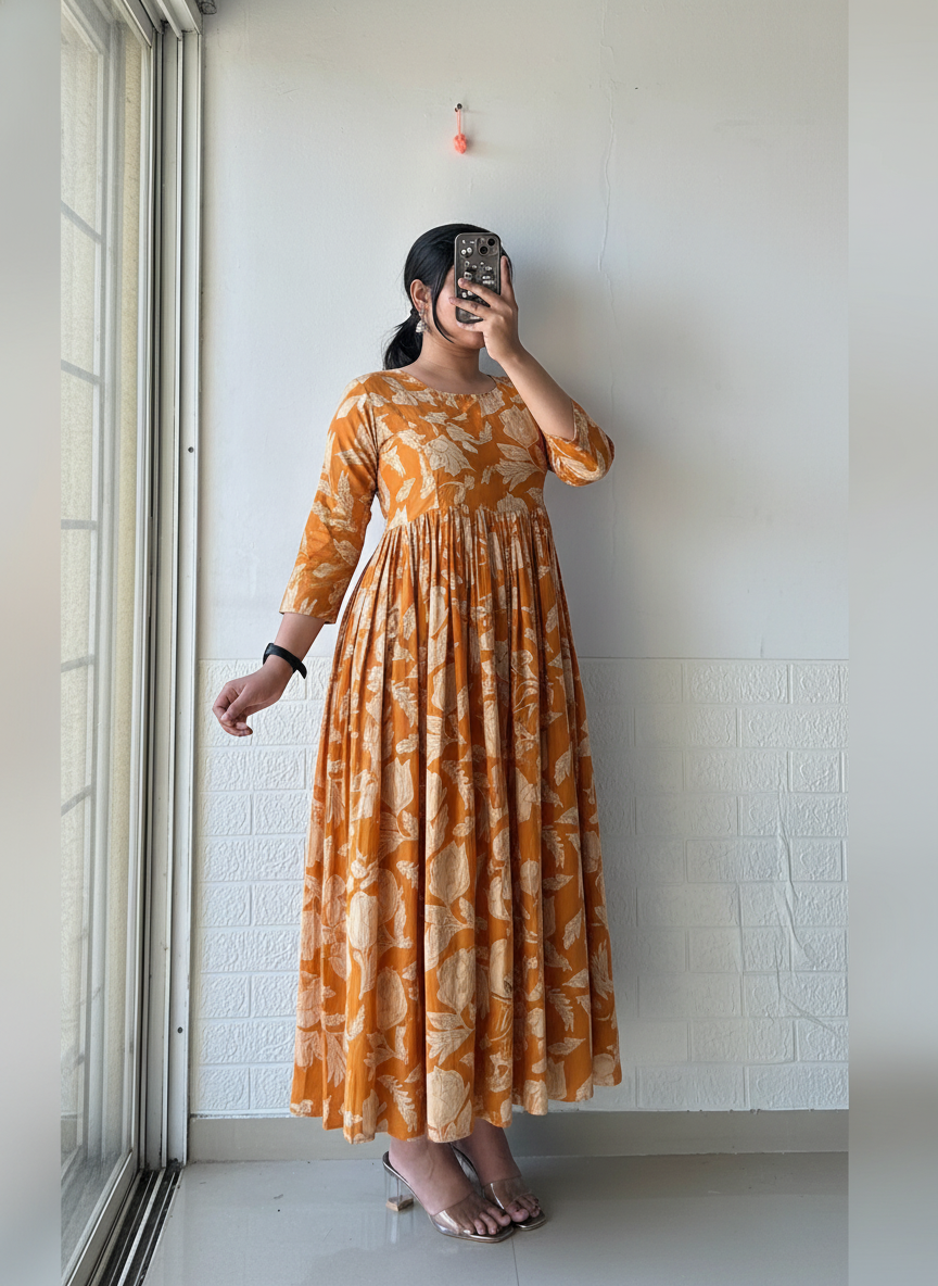 Mustard Pleated Anarkali Dress