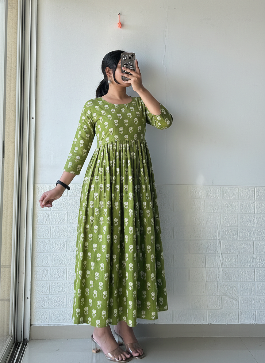 Green Boota Pleated Anarkali Dress