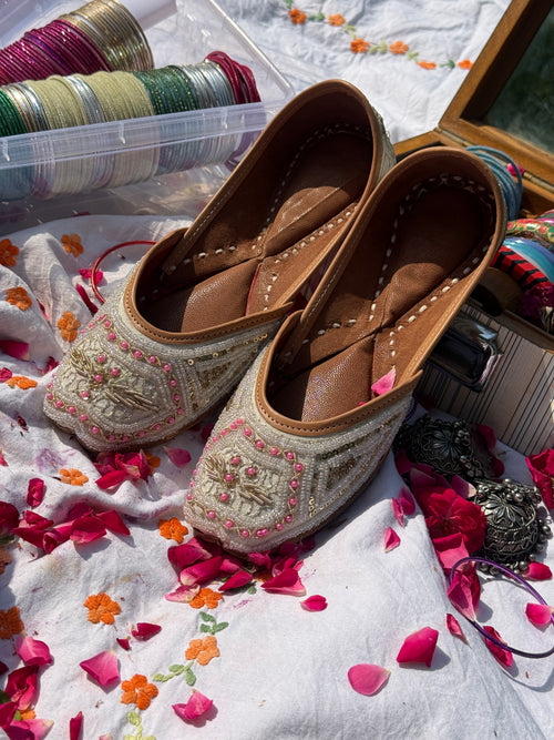 Off White Pink Dabka Embroidered Ethnic Mojari for Women