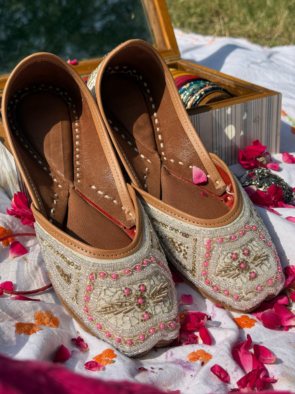 Off White Pink Dabka Embroidered Ethnic Mojari for Women