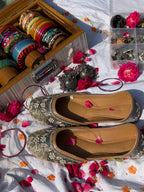 Slate Grey & Antique Gold Floral Dabka Handcrafted Ethnic Jutti for Women