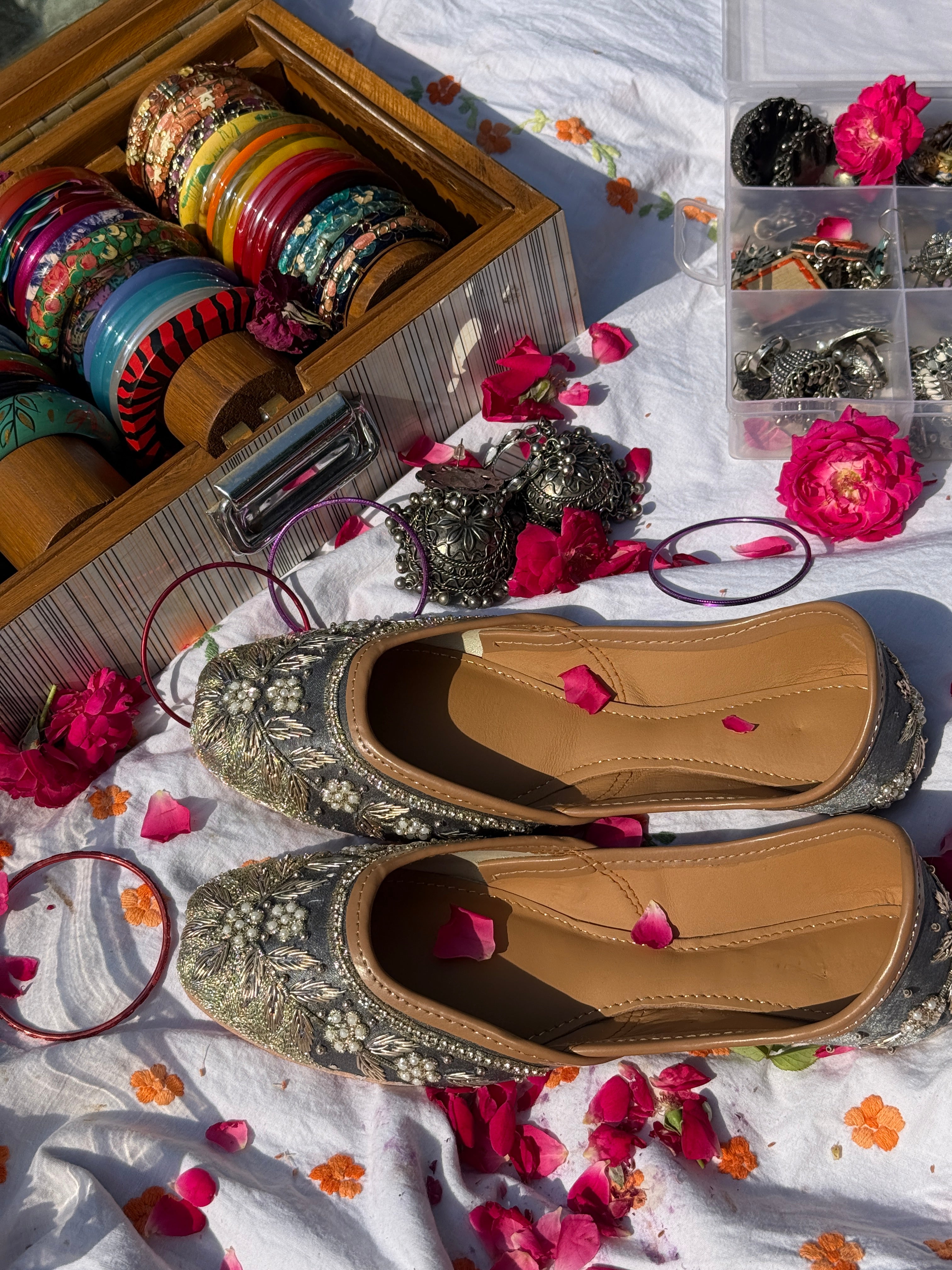 Slate Grey & Antique Gold Floral Dabka Handcrafted Ethnic Jutti for Women