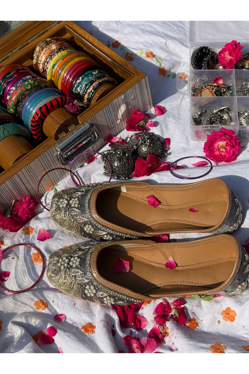 Slate Grey & Antique Gold Floral Dabka Handcrafted Ethnic Jutti for Women
