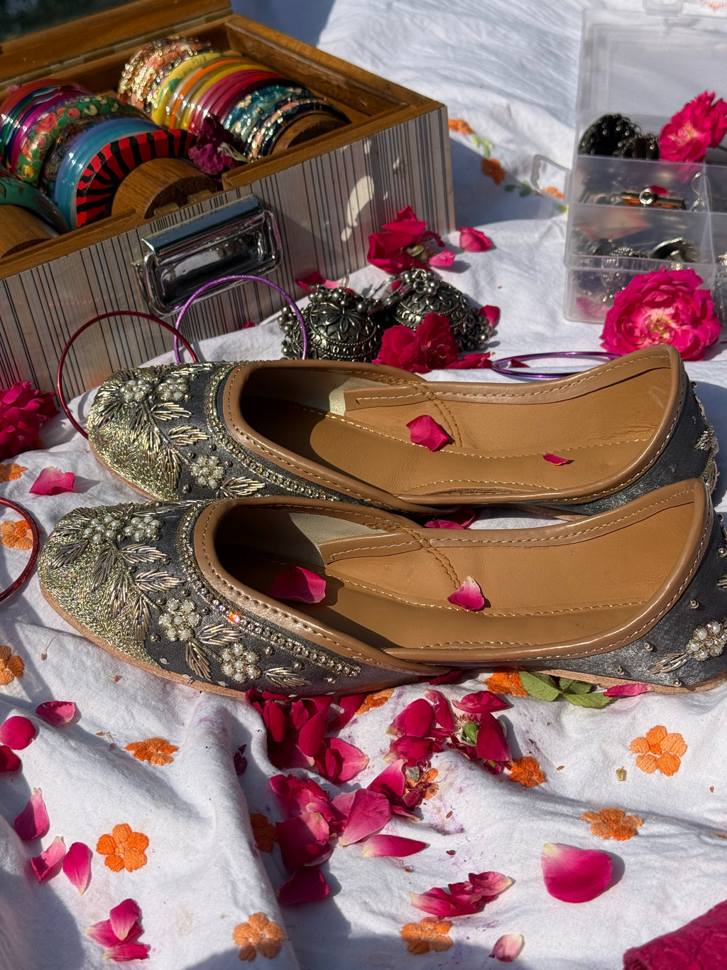 Slate Grey & Antique Gold Floral Dabka Handcrafted Ethnic Jutti for Women