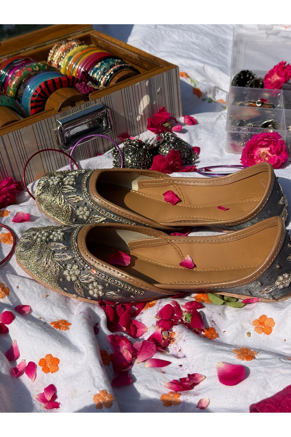 Slate Grey & Antique Gold Floral Dabka Handcrafted Ethnic Jutti for Women