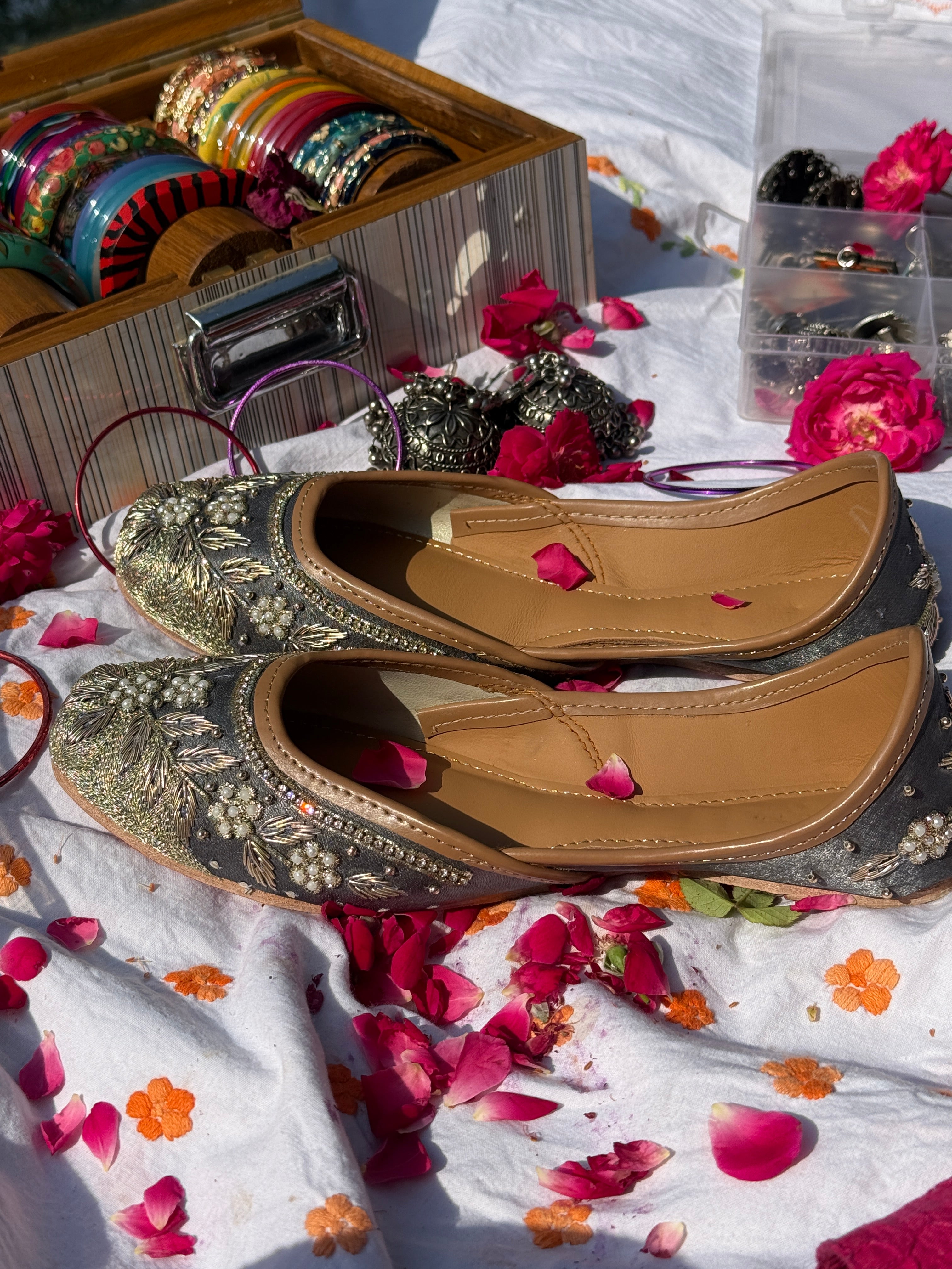 Slate Grey & Antique Gold Floral Dabka Handcrafted Ethnic Jutti for Women