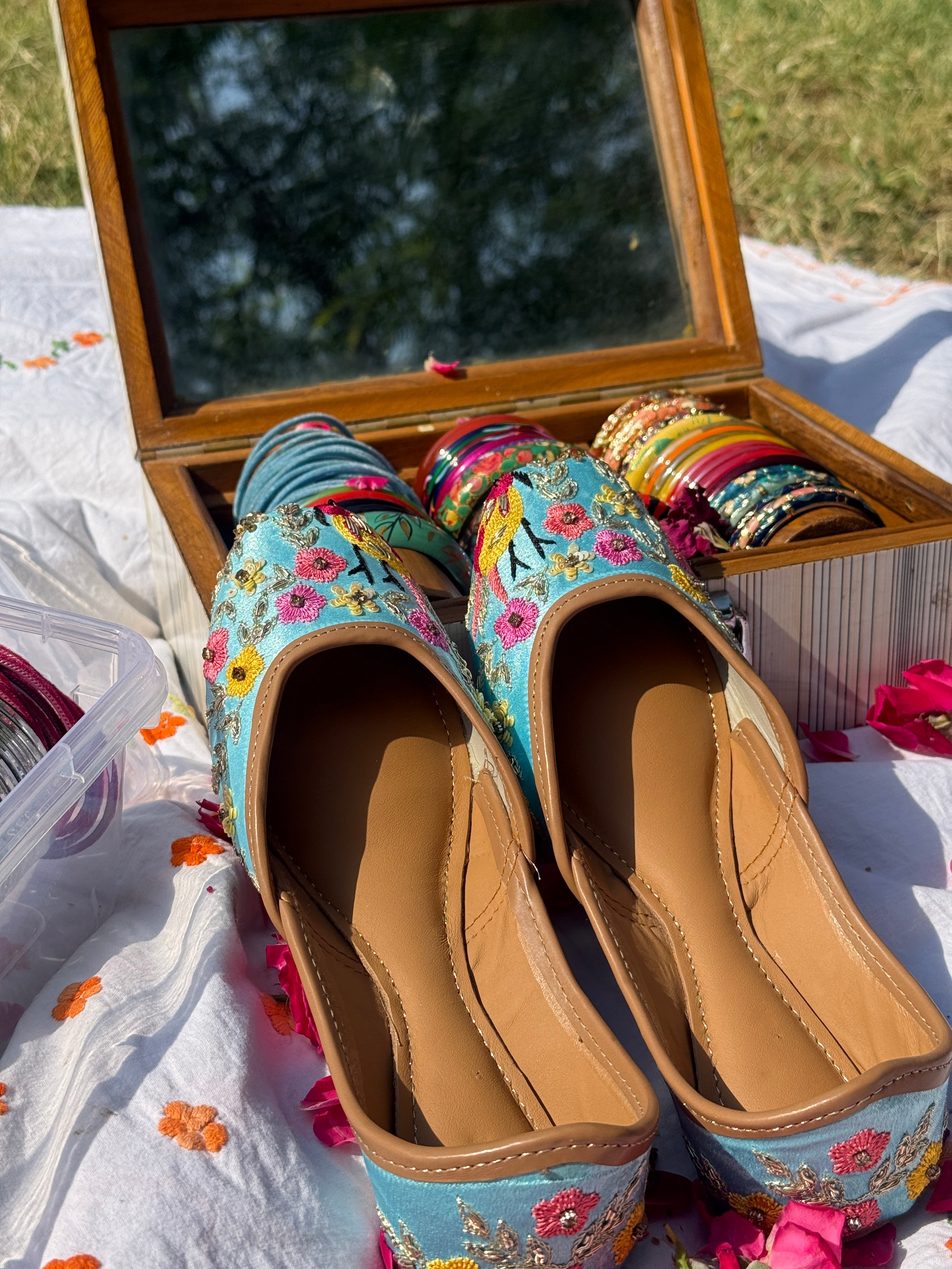 Sky Blue Bird Motif Hand Embroidered Jutti for Women