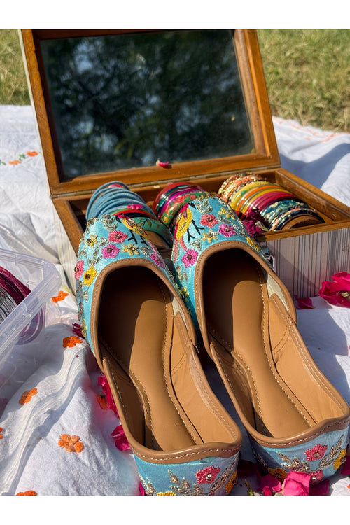 Sky Blue Bird Motif Hand Embroidered Jutti for Women