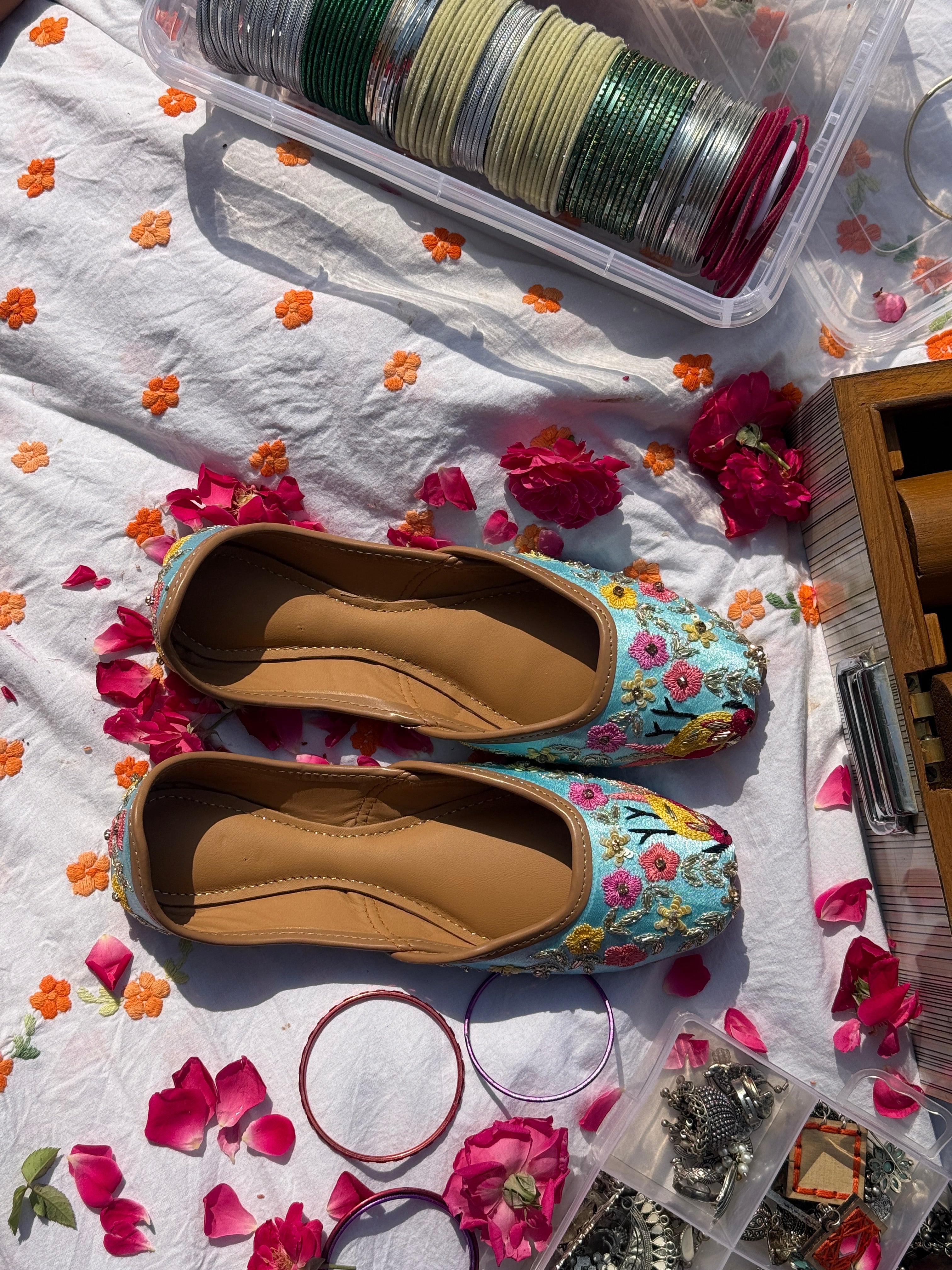 Sky Blue Bird Motif Hand Embroidered Jutti for Women