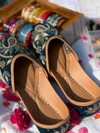 Teal Velvet & Antique Gold Handcrafted Zardozi Ethnic Jutti for Women