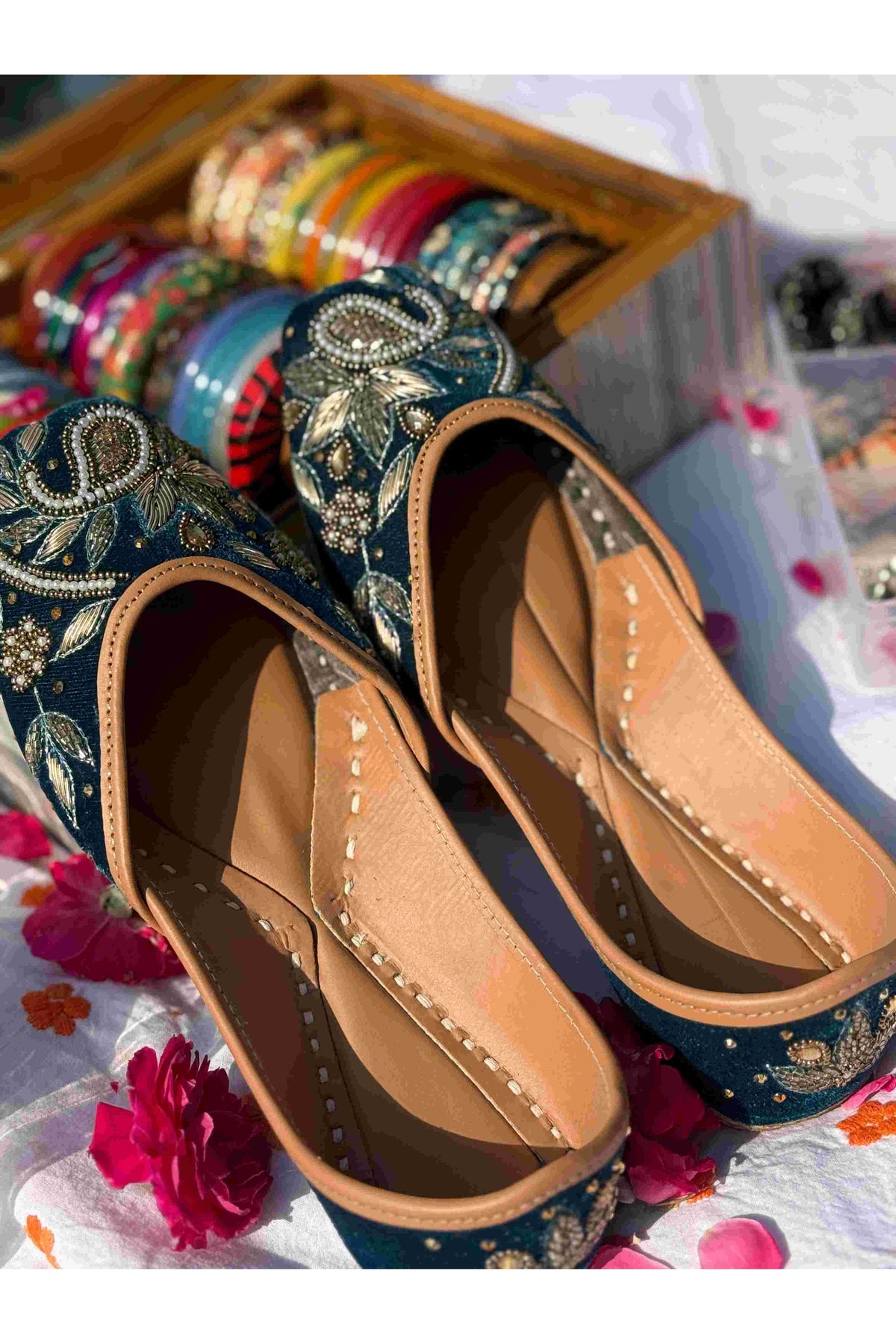 Teal Velvet & Antique Gold Handcrafted Zardozi Ethnic Jutti for Women