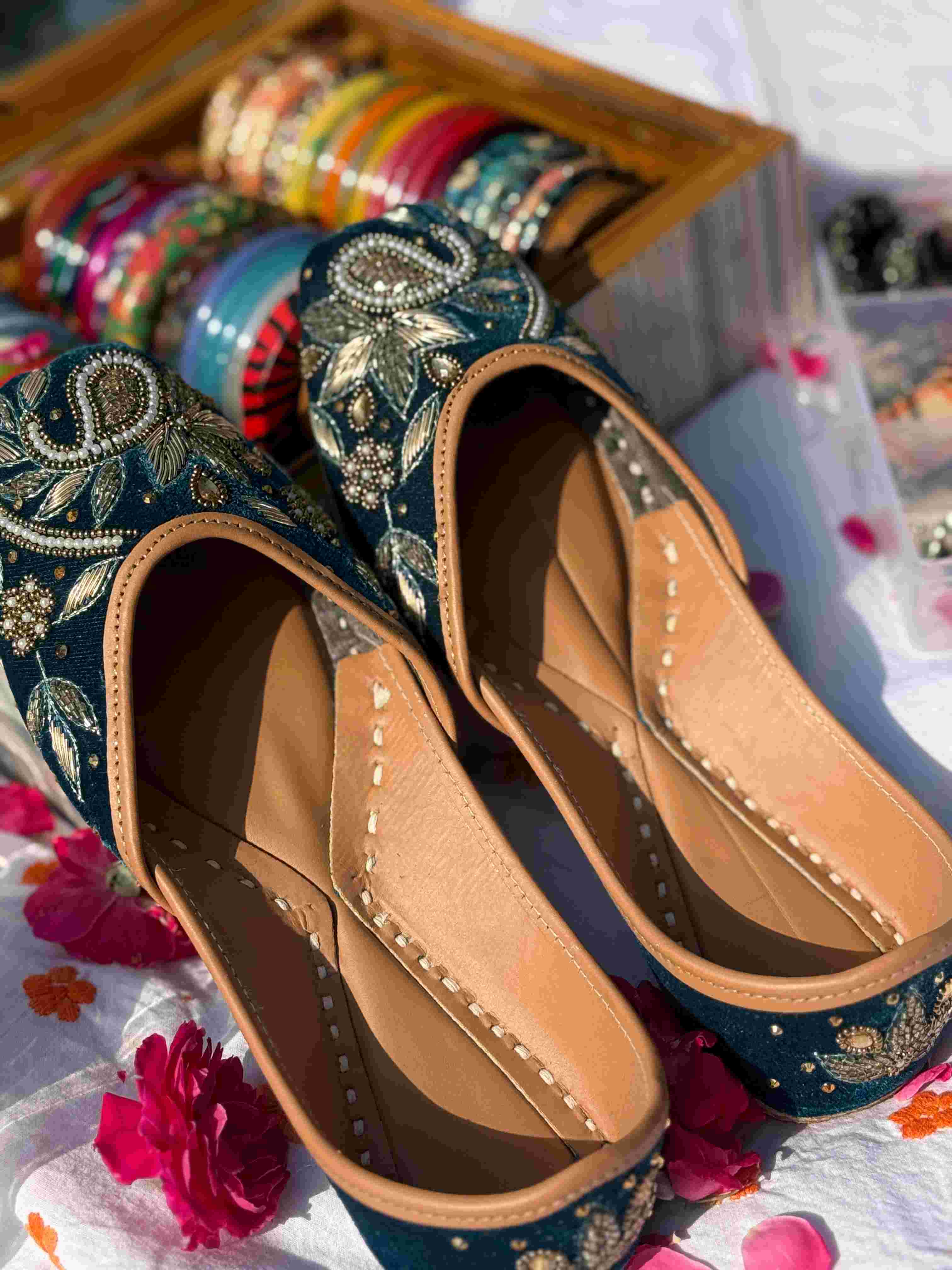 Teal Velvet & Antique Gold Handcrafted Zardozi Ethnic Jutti for Women
