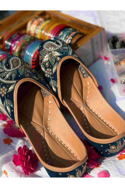 Teal Velvet & Antique Gold Handcrafted Zardozi Ethnic Jutti for Women