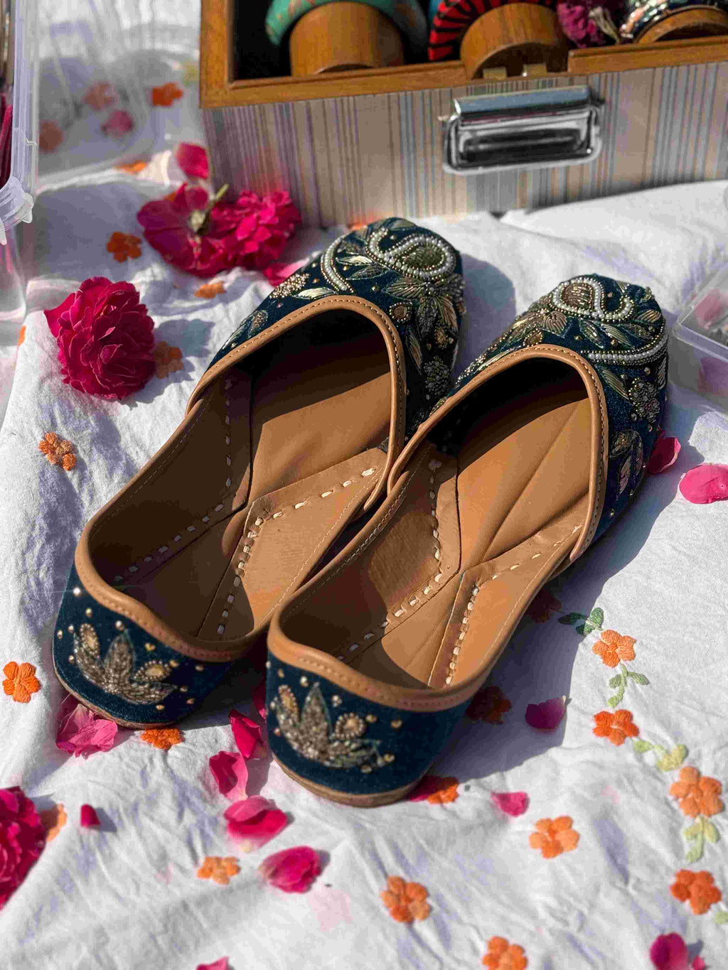 Teal Velvet & Antique Gold Handcrafted Zardozi Ethnic Jutti for Women