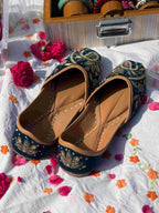 Teal Velvet & Antique Gold Handcrafted Zardozi Ethnic Jutti for Women