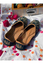 Teal Velvet & Antique Gold Handcrafted Zardozi Ethnic Jutti for Women