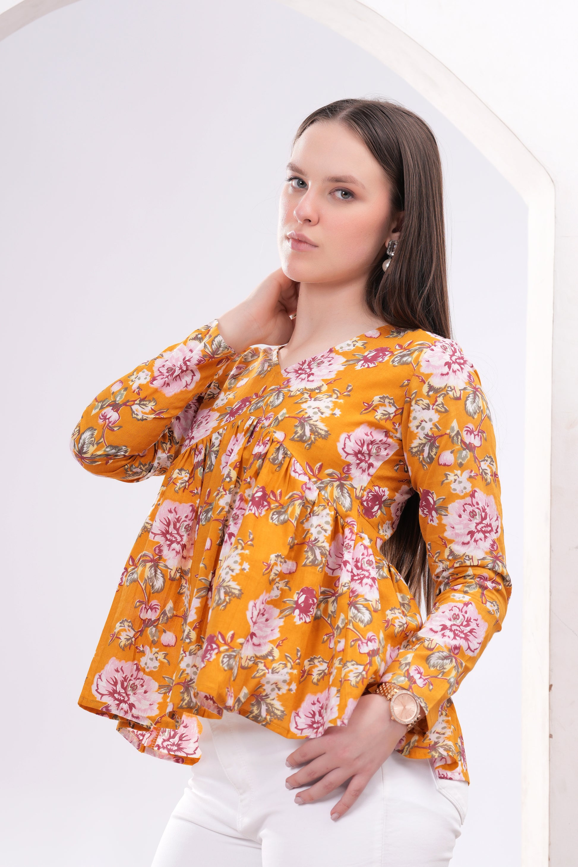 Mustard Full Sleeves Peplum Top – Shions - Main Image