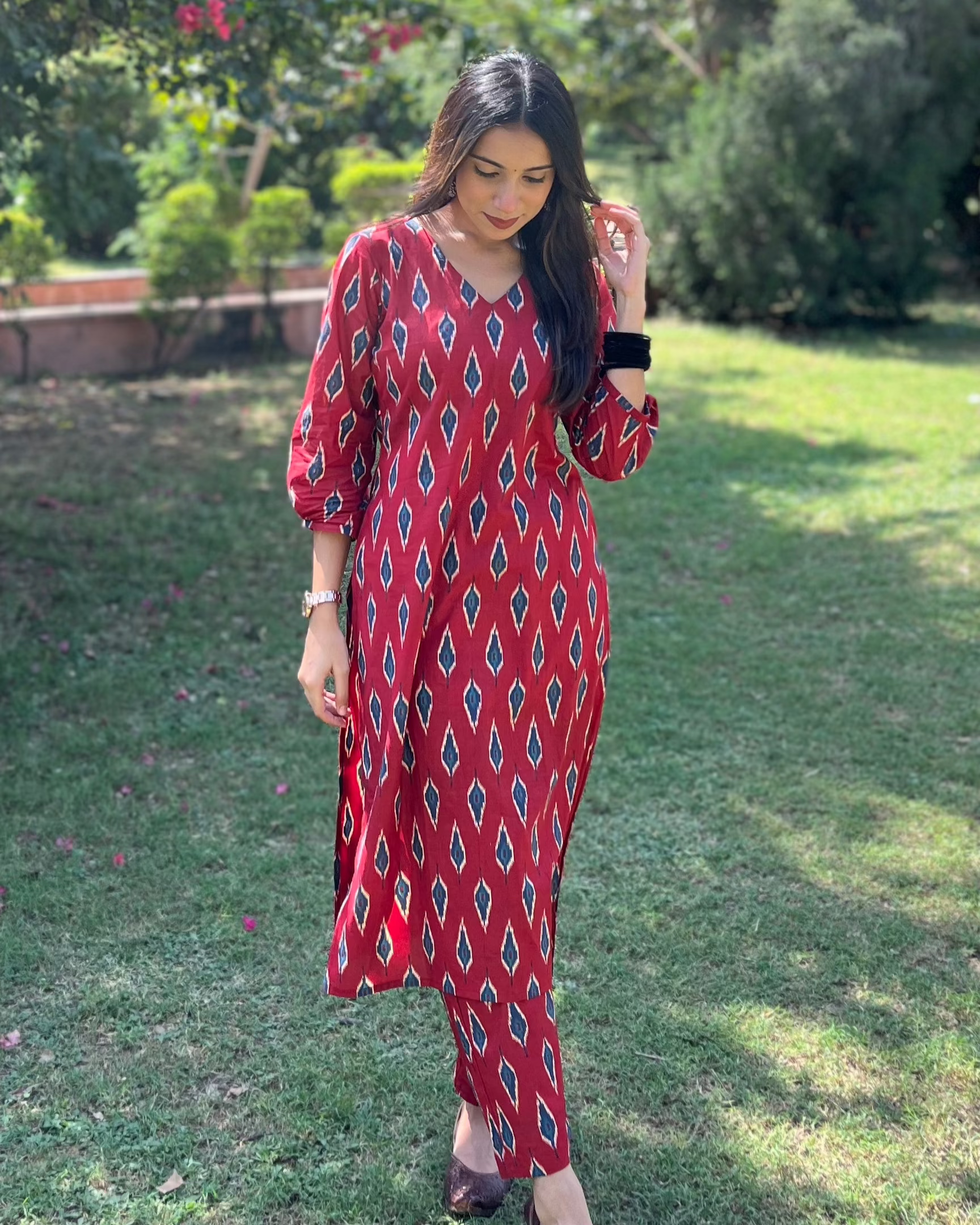Red Ikkat Co-ord Set