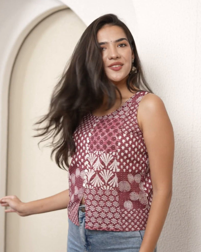 Maroon Button-Front Crop Top