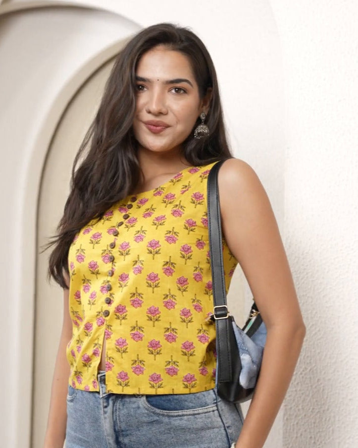 Mustard Bloom Button-Front Crop Top